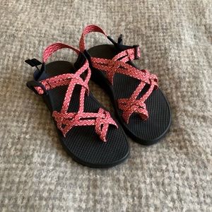Pink and navy Chacos